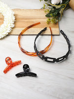 El Regalo 2 PCs Hairbands & Medium Claw Hair Clips for Girls & Women, French Design Hair Clips Accessories for Women Girls (Black & Clear Brown)