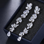 El Regalo Womens Leaf Cubic Zirconia Bridal Earrings for Wedding- Teardrop Crystal Chandelier Dangle Earrings - Flower Vine Diamond Drop Earrings