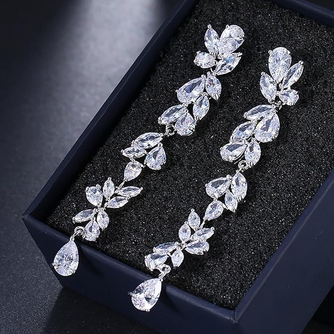 El Regalo Womens Leaf Cubic Zirconia Bridal Earrings for Wedding- Teardrop Crystal Chandelier Dangle Earrings - Flower Vine Diamond Drop Earrings