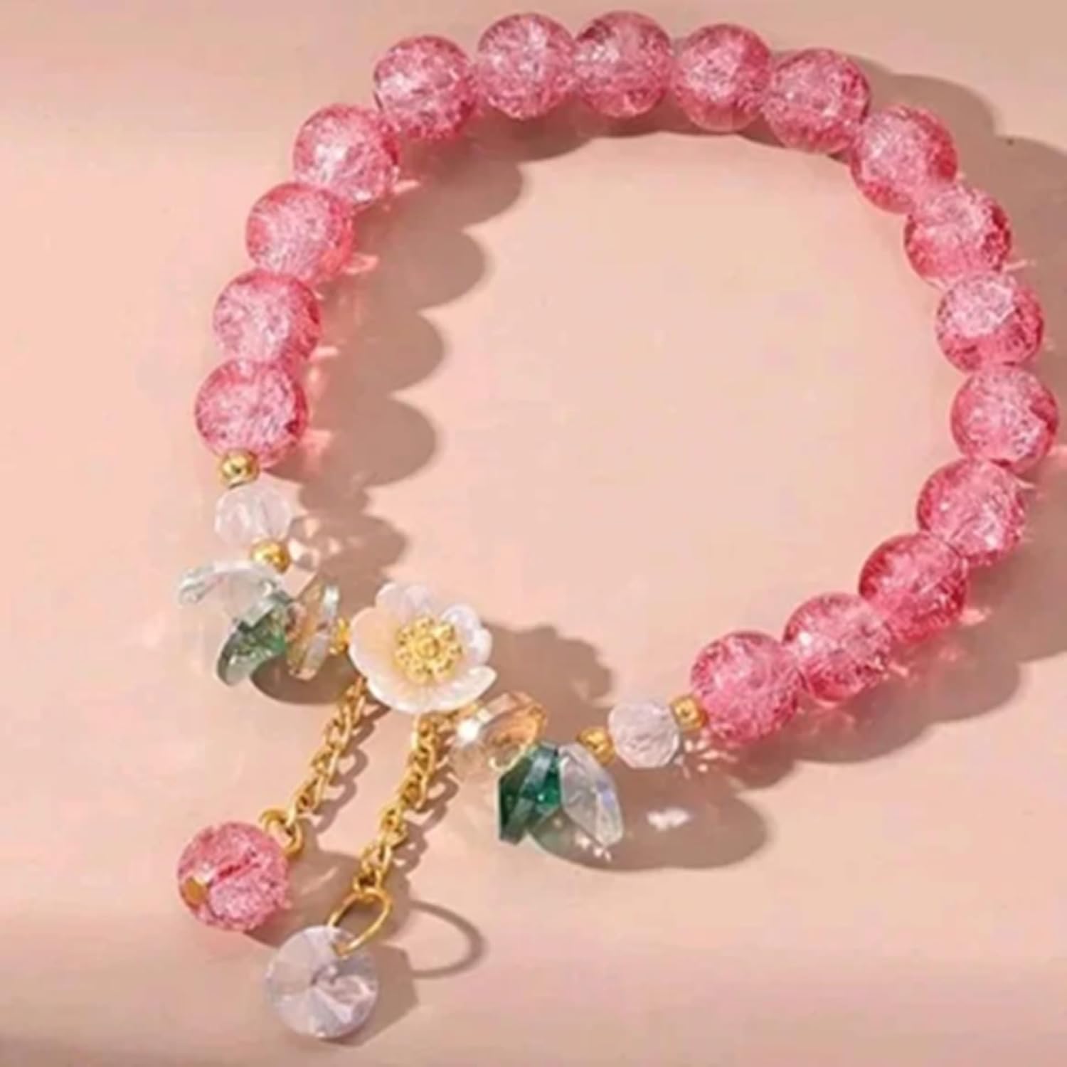 El Regalo Daisy Flower Bracelets- 1PC Crackled Crystal Beads Tassel Flower Charms Bracelet for Girls & Women (Pink)