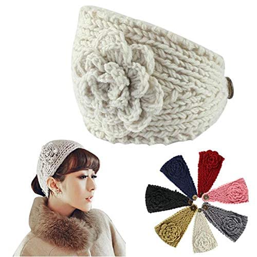 El Regalo 2 PCs Knitted Flower Warm Winter Woolen Headband with Buttons for Face Mask Cover | Cold Weather Hair Accessories Head Wrap | Winter Headbands for Girls & Women (Pack of 2) (White & Coffee)