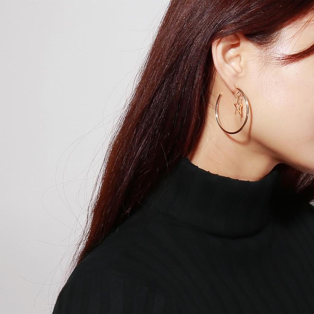 El Regalo Western Stainless Steel Drop Star Hoop Earrings for Women/Girls- Fashion Statement Star Big Circle Open Hoop Party Earrings