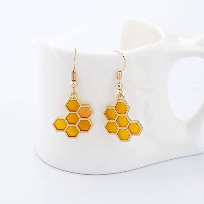 El Regalo Enamel Honeycomb Bee Earrings for Girls & Women - Geometric Hexagon Honeycomb Beehive Dangle Earrings (Honeycomb Earrings)