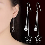 El Regalo 925 Silver Plated Minimalist Long Thin Linear CZ Elegant Threader Dangle Chain Earrings for Girls & Women (Star Pearl Tassel)