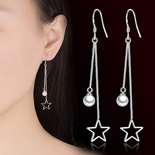 El Regalo 925 Silver Plated Minimalist Long Thin Linear CZ Elegant Threader Dangle Chain Earrings for Girls & Women (Star Pearl Tassel)