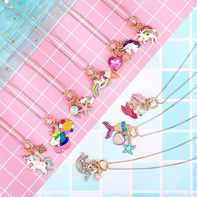 El Regalo 1 PC Kids Enamel Charms Pendant Necklaces For Girls/Teens- Unicorn Rainbow Mermaid Love Heart Starfish Shell Star Pendants Play Necklace Jewelry (Mermaid Star Heart Necklace)