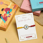 El Regalo 1PC Designer Evil Eye Red & Yellow Mauli Thread Rakhi for Brother - Rakshabandhan CZ Evil Eye Rakhi with Message Card & Roli Chawal in Rakhi Box for Bhaiya/Babhi/Bhatija/Bhatiji