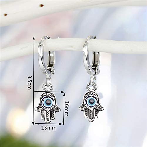 El Regalo 1 Pair Evil Eye Hamsa Hand Dangle Hoop Earrings - Silver, Dainty Blue Evil Eye Small Simple Hypoallergenic Earrings for Girls & Women