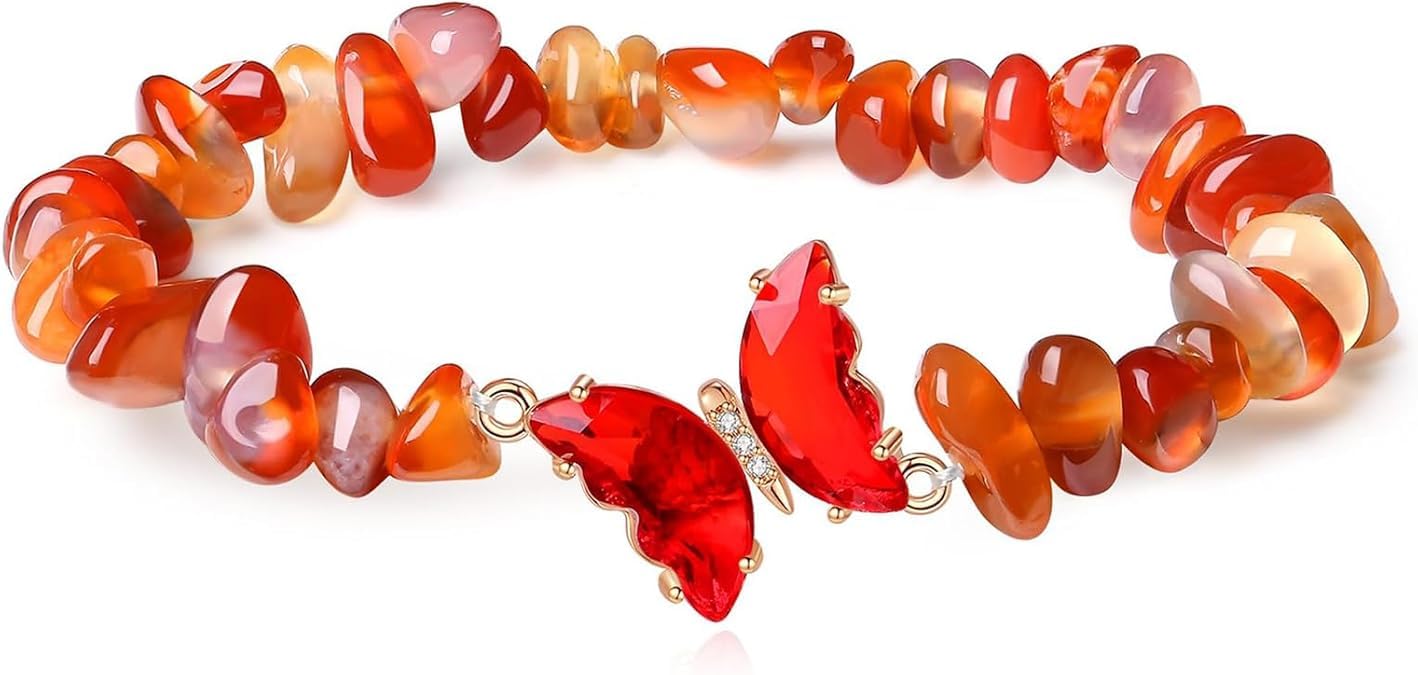 El Regalo 2PCs Natural Crystals Butterfly Bracelets Set- Real Crystals Healing Stones Bracelet Combo for Women (Red Agate)