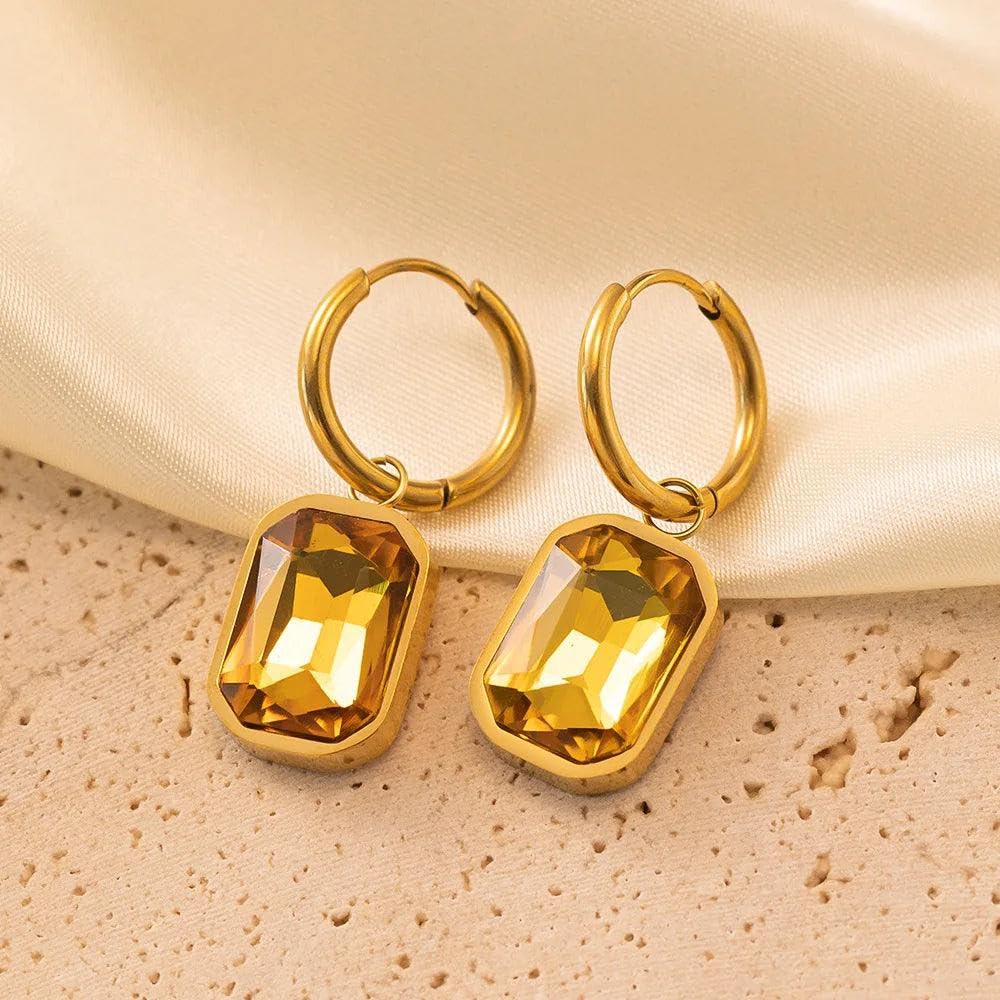 El Regalo Stainless Steel Rectangular Cut Rhinestone Hoop Earrings - Elegant 18K Gold Plated Waterproof Vintage-Inspired Cubic Zirconia Huggie Hoops for Women (Golden Yellow)