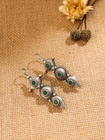 El Regalo Womens "Trikoni" Handcrafted Silver Lookalike Oxidized Brass Earrings - Antique Silver Finish - Elegant and Timeless Design (Green)