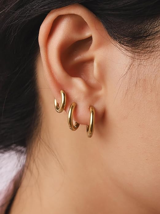 El Regalo 5 Pairs Gold Stainless Steel Unisex Huggie Hoop Earrings- 14k Gold Plated Cartilage Helix Daith Tragus Ear Hugging Hoop Earrings for Kids/Girls/Boys/Men/Women