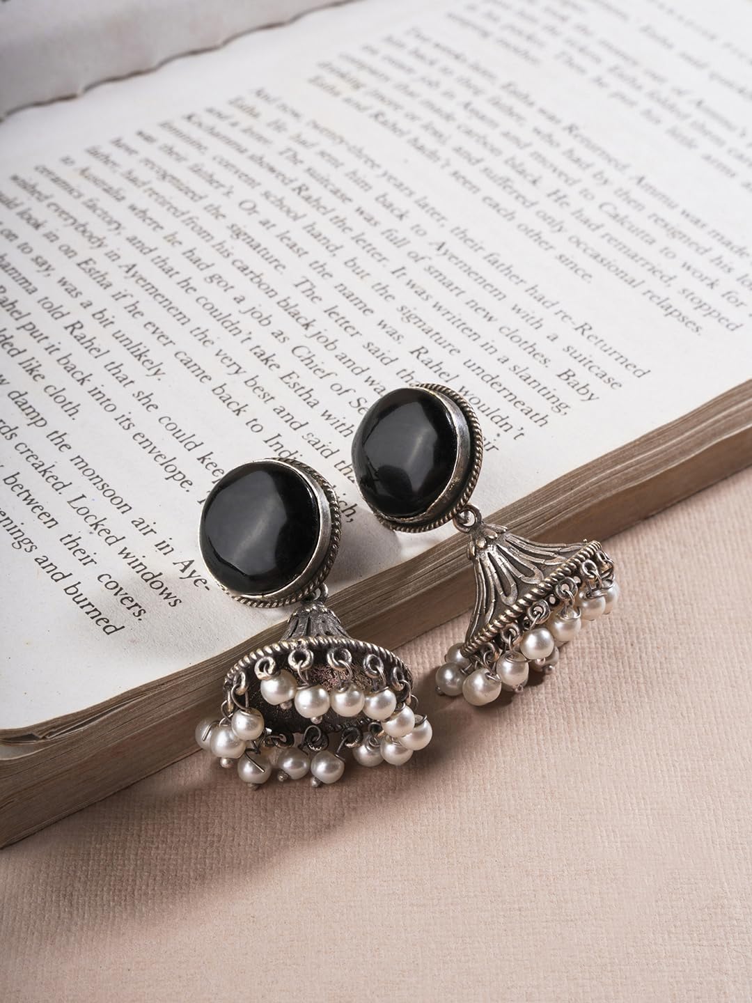 El Regalo Ethnic Oxidized Stone Stud Jhumka Earrings for Girls/Women- Exquisite Silver Lookalike Jhumki