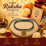 El Regalo Fancy & Traditional AUM/Shell Charm Rakhis for Brother | Elegant Auspicious Bracelet Rakhi for Bhai/Bhaiya with Roli Chawal in Gift Box (OM Rakhi- Blue)
