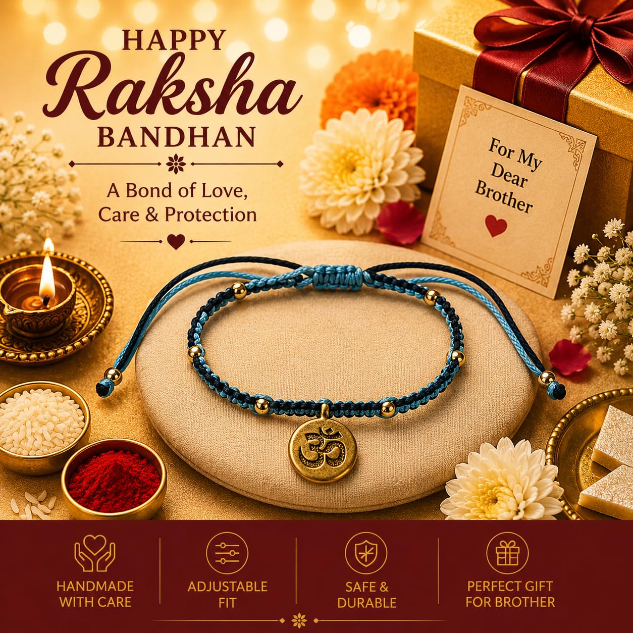 El Regalo Fancy & Traditional AUM/Shell Charm Rakhis for Brother | Elegant Auspicious Bracelet Rakhi for Bhai/Bhaiya with Roli Chawal in Gift Box (OM Rakhi- Blue)