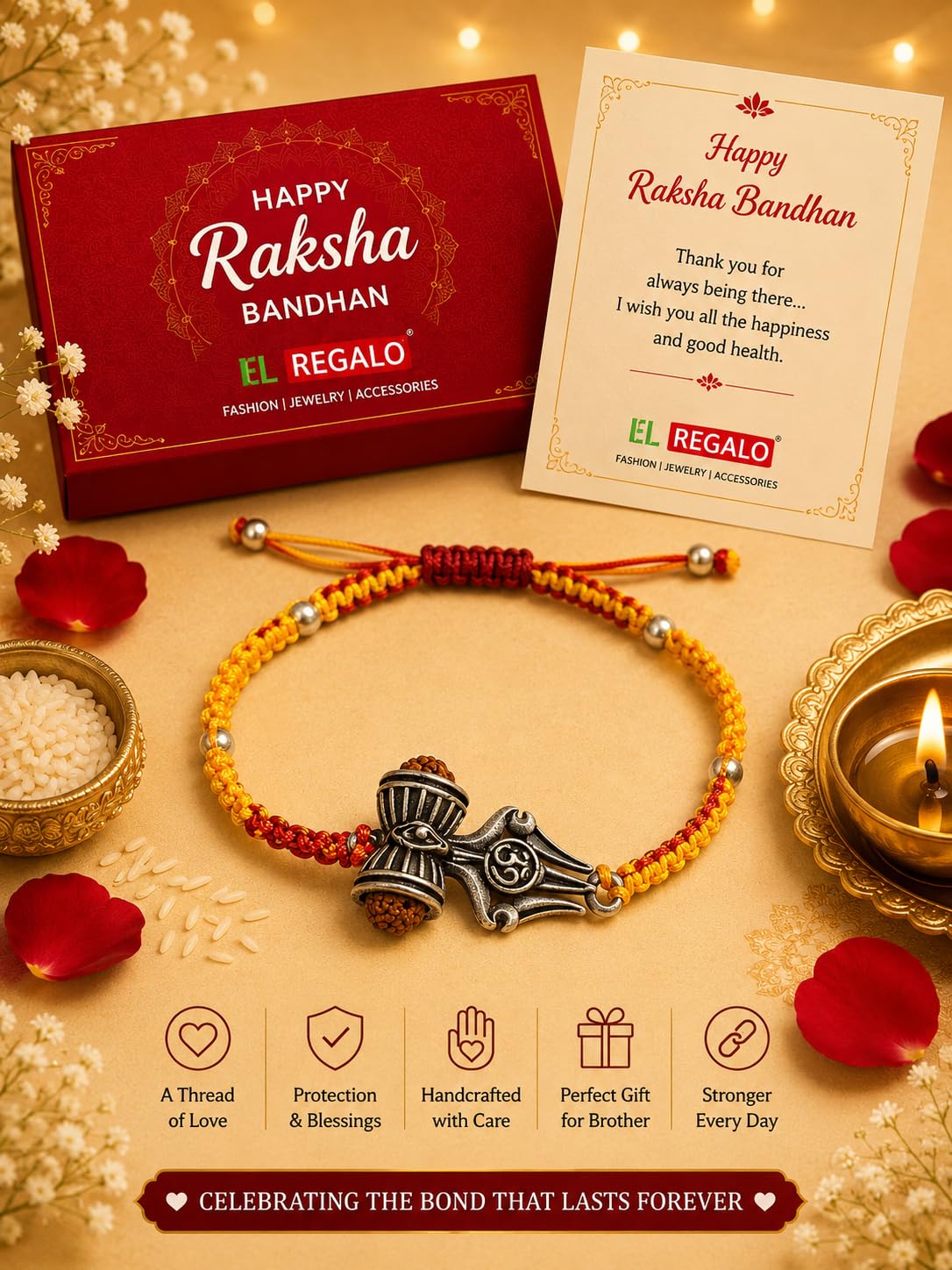 El Regalo 1PC Rudraksha Trident Rakhi for Brother with Roli Chawal, Message Card in Gift Box- OM, Trishul, Damru Rudraksha Rakhi for Bhai/Brother (OM)