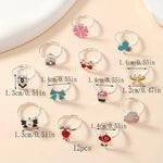 El Regalo 12 Pcs Cute Adjustable Rings Set for Kids/Girls/Women - Colorful Cartoon Enamel Finger Rings | Adjustable Cute Jewelry Gift Box - Butterfly, Flower, Bow, Heart, Cherry Designs (Style-1)