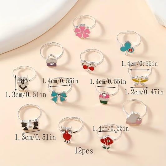El Regalo 12 Pcs Cute Adjustable Rings Set for Kids/Girls/Women - Colorful Cartoon Enamel Finger Rings | Adjustable Cute Jewelry Gift Box - Butterfly, Flower, Bow, Heart, Cherry Designs (Style-1)
