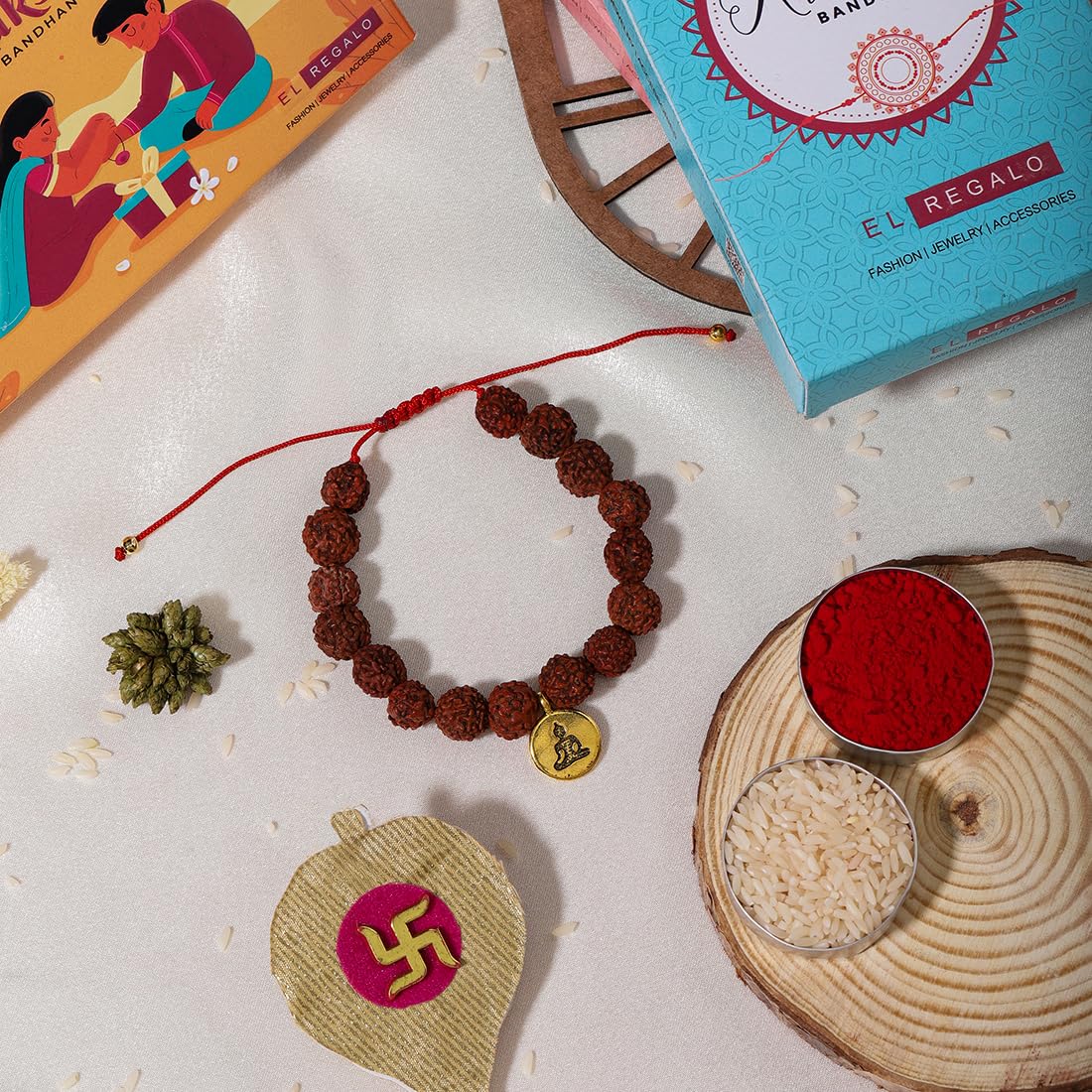 El Regalo 1PC Auspicious Natural Rudraksha & Lava Beads Rakhi for Brother- Designer Rudraksha Beads Rakhi with Roli Chawal, Rakhi Message Card in Rakhi Gift Box (Golden Budhdha)