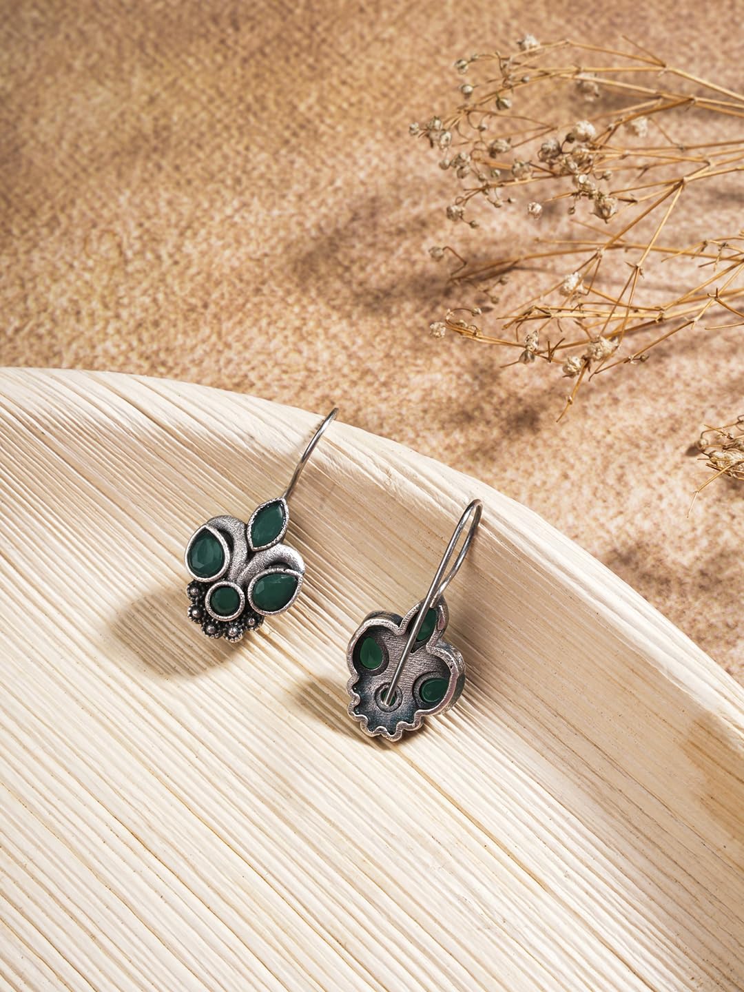 El Regalo Small Oxidized German Silver Stones Hook Earrings- Handmade Oxidized Indian Earrings (Green)