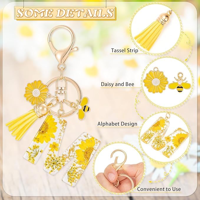 El Regalo Personalized Name Initials Natural Flowers & Bee Charm Keychain - Custom Letter Keyring with Daisy Flower & Honey Bee Pendant, Purse, Bag, Backpack Accessory (Letter M)