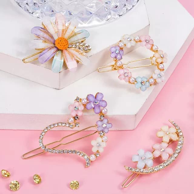 El Regalo 4 PCs Crystal Hair Clip Set for Kids/Girls/Women - Heart, Flowers & Moon Fancy Bridal Hair Accessories for Girls