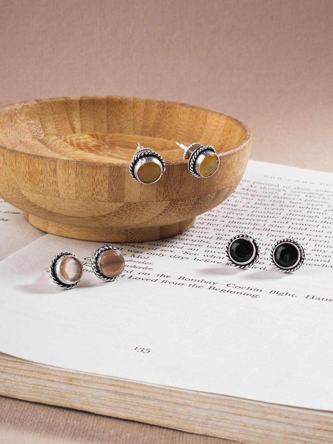 El Regalo 5 Pairs Oxidized German Silver Small Monalisa Stones Stud Earrings Combo Set in Antique Silver Finish for Women/Girls- Timeless Elegance for Casual and Formal Wear (Multi Option-2)