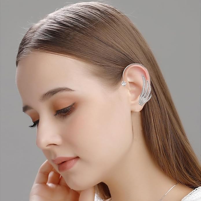 El Regalo Gorgeous Inlaid Rhinestone Angel Wings Cuff Earrings - No Piercing Ear Bone Clip for Women - Sparkling Crystal Angel Wing Ear Wrap, Non-Pierced Cartilage Climber Jewelry