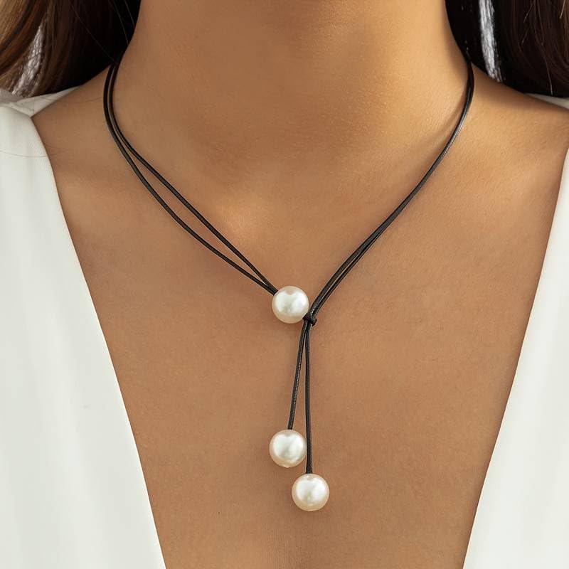 El Regalo Boho Double Layers Leather Pearl Suede Y Drop Adjustable Necklace for Girls & Women- Contemporary Black Leather Wrap Choker Necklace- Gothic Tie Up Necklace