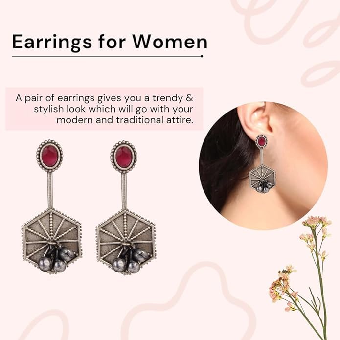 El Regalo Handmade Oxidized Silver Lookalike Brass Earrings with Red Stone and Ghungroo - Versatile Fashion Statement Earrings
