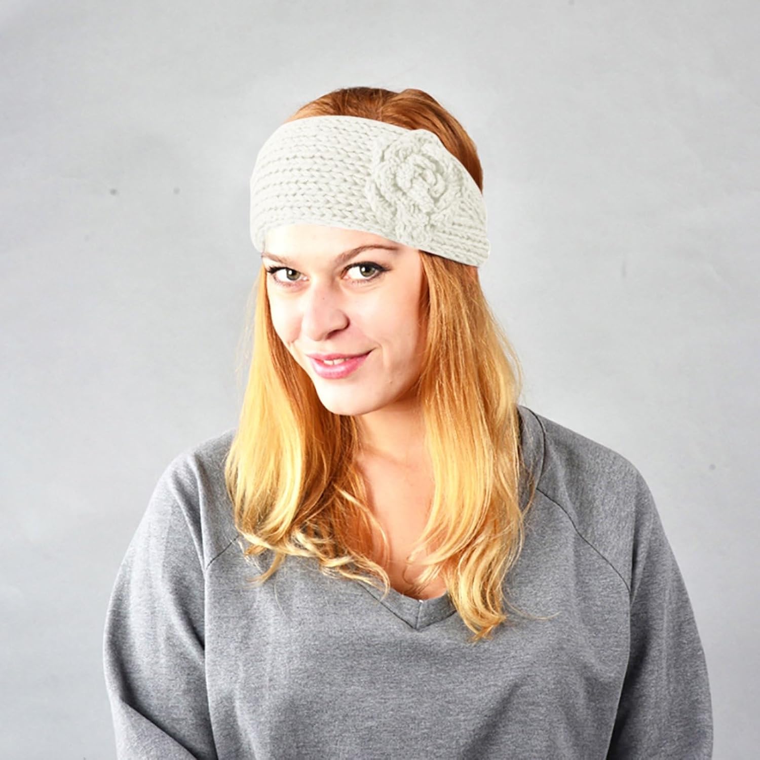 El Regalo's 1PC Winter Crochet Knitted Headwrap Headband with 3D flower & Button for Girls & Women- Ear Warmer Hair Muffs Band | Winter Designer Headbands for Teens & Women (White)