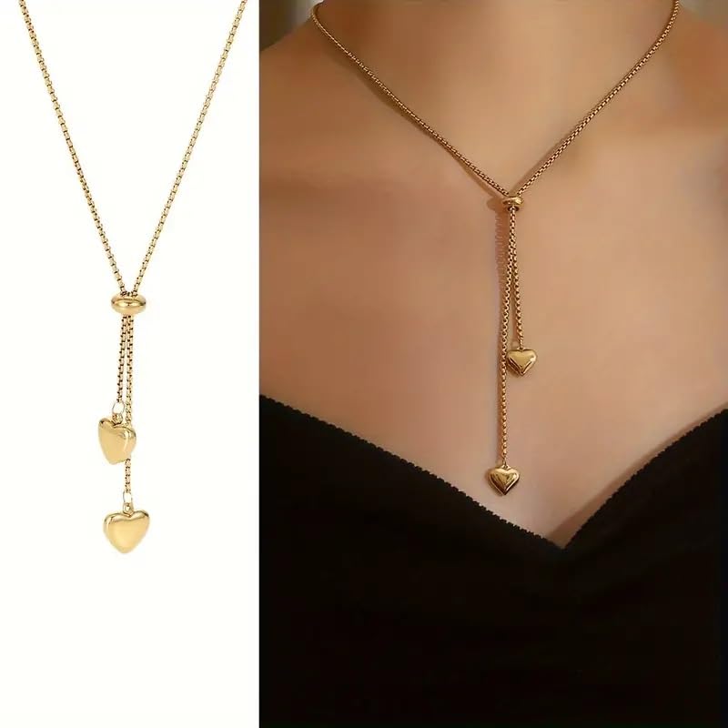 El Regalo Stainless Steel Double Love Heart Long Pendant Slider Necklace for Girls & Women- Anti Tarnish Minimalist Heart Necklace