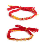El Regalo 2PCs Red & Yellow Moli Thread Rakhi Combo Set for Brother- Auspicious OM, Ganesha, Satiya, Lion etc. Mauli Rakhi with Roli Chawal Shagun, Message Card in Rakhi Gift Box (Option-4)