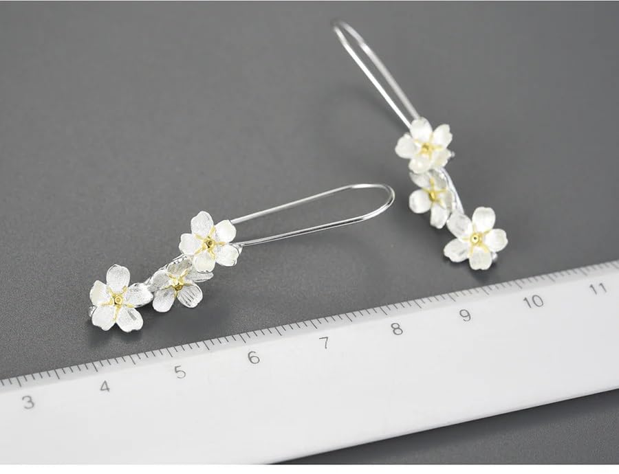 El Regalo Womens Cherry Blossom Cascade Silver Plated Jasmine Flowers Drop Hook Earrings - Elegant Triple Flower Long Drop Earrings with Gold-Plated Accents