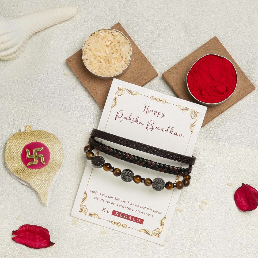 El Regalo 1 PC Designer Tiger Eye Stones with Antique Tree of Life Charms Bracelet Rakhi for Brother/Bhai- Rakhi with Roli-Chawal Shagun, Message Card in Rakhi Gift Box