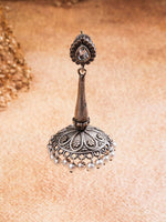 El Regalo Uniquely Handcrafted Oxidized Brass Jhumka Earrings- Silver Lookalike Ethnic Victorian Style Stones Long Jhumka Earrings for Women (White)