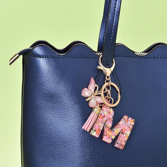 El Regalo Personalized Name Initials Butterfly Charm Keychain - Custom Letter Keyring with Pink Tassel & Butterfly Pendant, Purse, Bag, Backpack Accessory (M Letter)