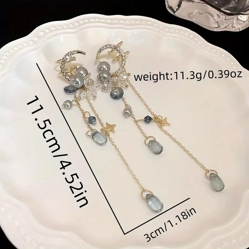 El Regalo Modern Moon Stars, Crystals, Pearls Tassel Ear Cuff Earrings for Non Pierced Ears- Trendy CZ Tassel Ear Cuffs/Clip On Earrings For Women