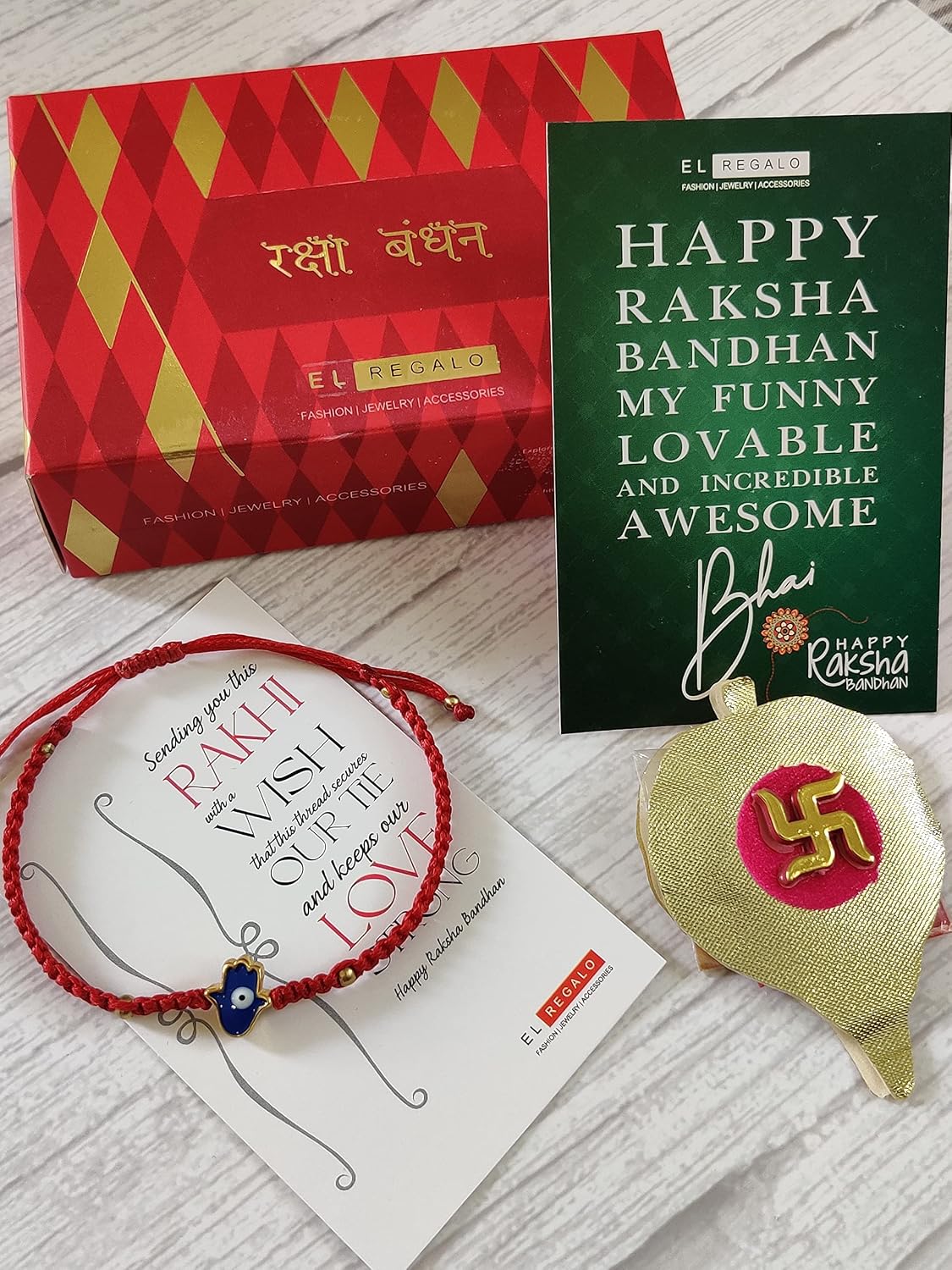 El Regalo Evil Eye Hamsa Hand Rakhi with shagun, Rakhi Message Card in a Rakhi Box for Brother- Enameled Hamsa Hand Rakhi for Brother/Bhai/Bhabhi/Bhaiya/Bhatija/Nephew