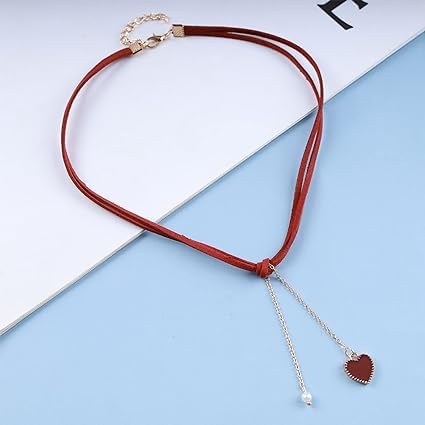 El Regalo 1PC Heart Pearls Red Lace Velvet Choker Pendant Necklace for Girls & Women