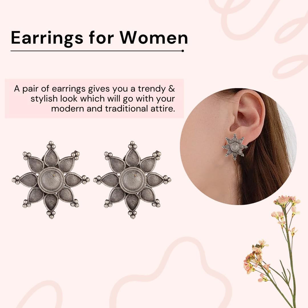 El Regalo Oxidized Flower Stud Earrings- Silver Lookalike Brass Floral Earrings for Girls & Women
