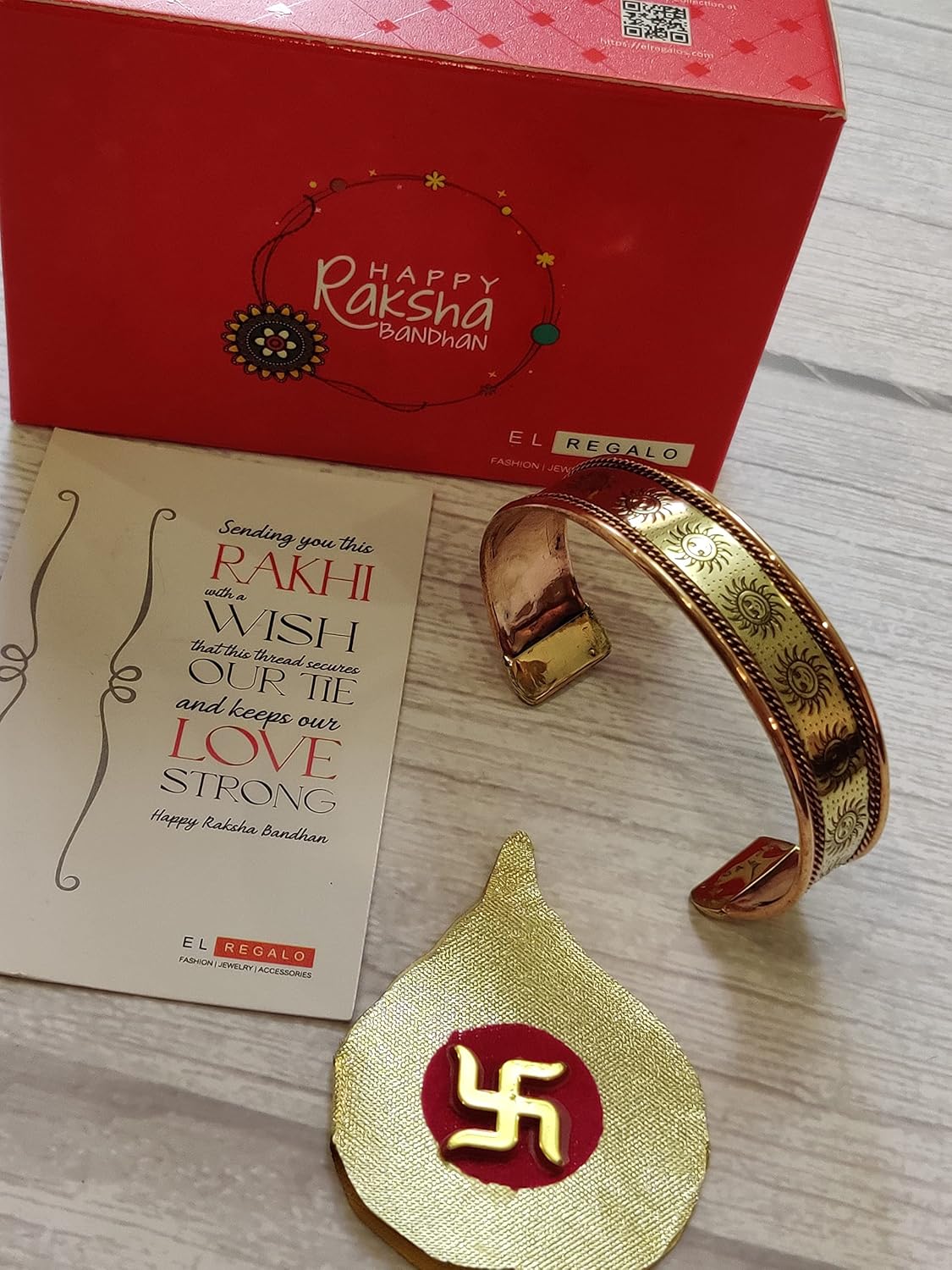 El Regalo 1 Copper OM Bracelet Rakhi for Brother/Bhai - Rakhi for Bhai with shagun, Rakhi Message Card in Rakhi Gift Box (Option-3)