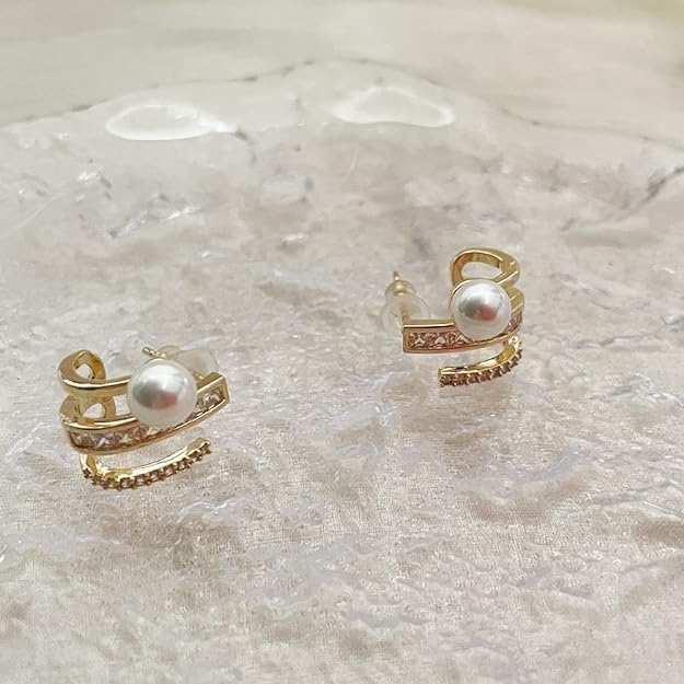 El Regalo Gold Plated Pearl Claw Ear Zircon Cuff Stud Earrings- Fancy Korean Temperament Pearl Zircon Stud Earrings for Girls/Women