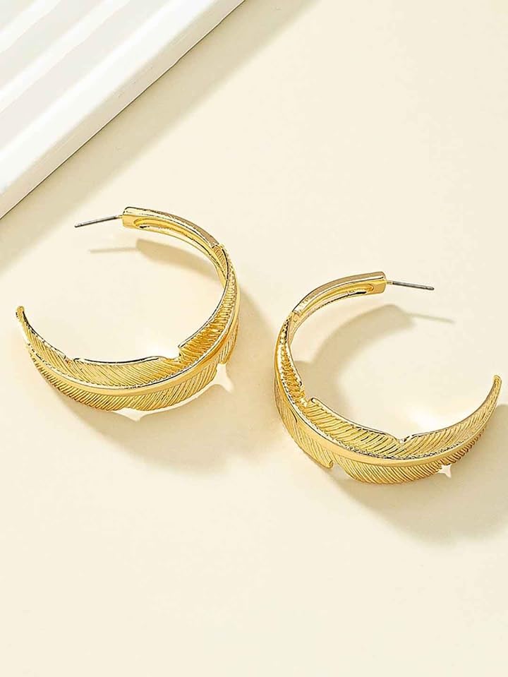 El Regalo Elegant Curved Leaf Gold Hoop Earrings- Minimalism Half Circle Feather Earrings for Girls & Women