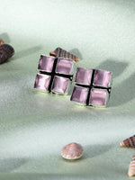 El Regalo 925 Silver Plated Oxidized Stud Earrings with Monalisha Stones - Square Bohemian Stud Earrings for Women - Tribal Antique Replica Earrings (Pastel Pink)