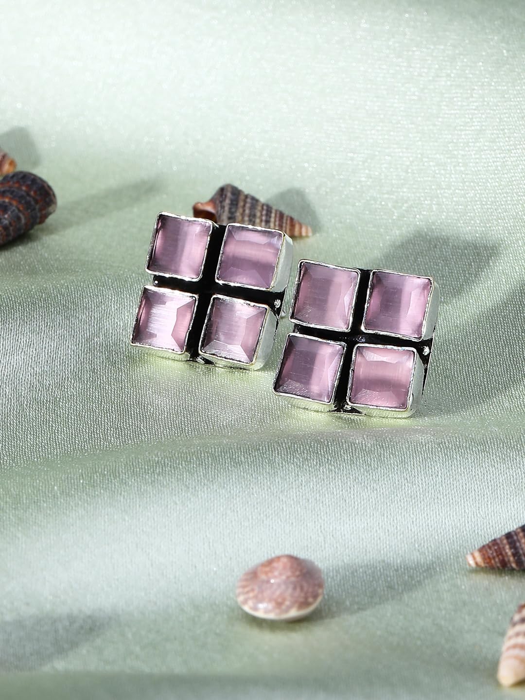 El Regalo 925 Silver Plated Oxidized Stud Earrings with Monalisha Stones - Square Bohemian Stud Earrings for Women - Tribal Antique Replica Earrings (Pastel Pink)
