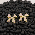 El Regalo 1Pair Stainless Steel Anti-Tarnish Pink Enamel Earrings for Girls & Women | Trendy & Cute Leaf, Bow, Ribbon, Strawberry & Butterfly Stud Earrings (Ribbon Bow Stud)