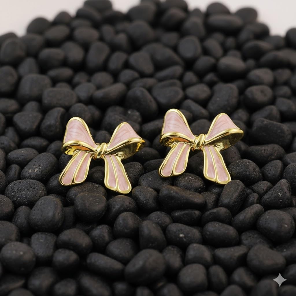 El Regalo 1Pair Stainless Steel Anti-Tarnish Pink Enamel Earrings for Girls & Women | Trendy & Cute Leaf, Bow, Ribbon, Strawberry & Butterfly Stud Earrings (Ribbon Bow Stud)