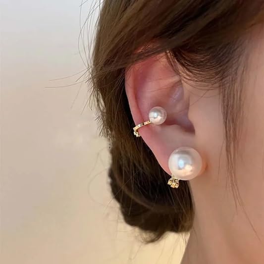 El Regalo Gold Plated Double Pearl Clip On Earrings for Women | Non Pierced Front Back Ear Cuffs | Vintage Geometric Dangle Ear Clips | Elegant Party Jewelry for Girls & Women