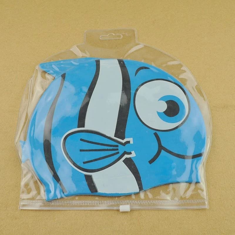 El Regalo Cartoon Fish Swimming Caps for Kids/Girls/Boys (4-16 Years Age Group)- Silicone Waterproof Stretchy Swimming Caps for Girls Boys for Long & Short Hair (Blue)